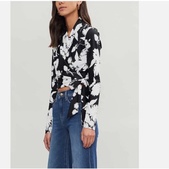 Ganni 'Alameda' Black & White Floral Print Wrap Top - Size 4 (EU 36) - Picture 1 of 9